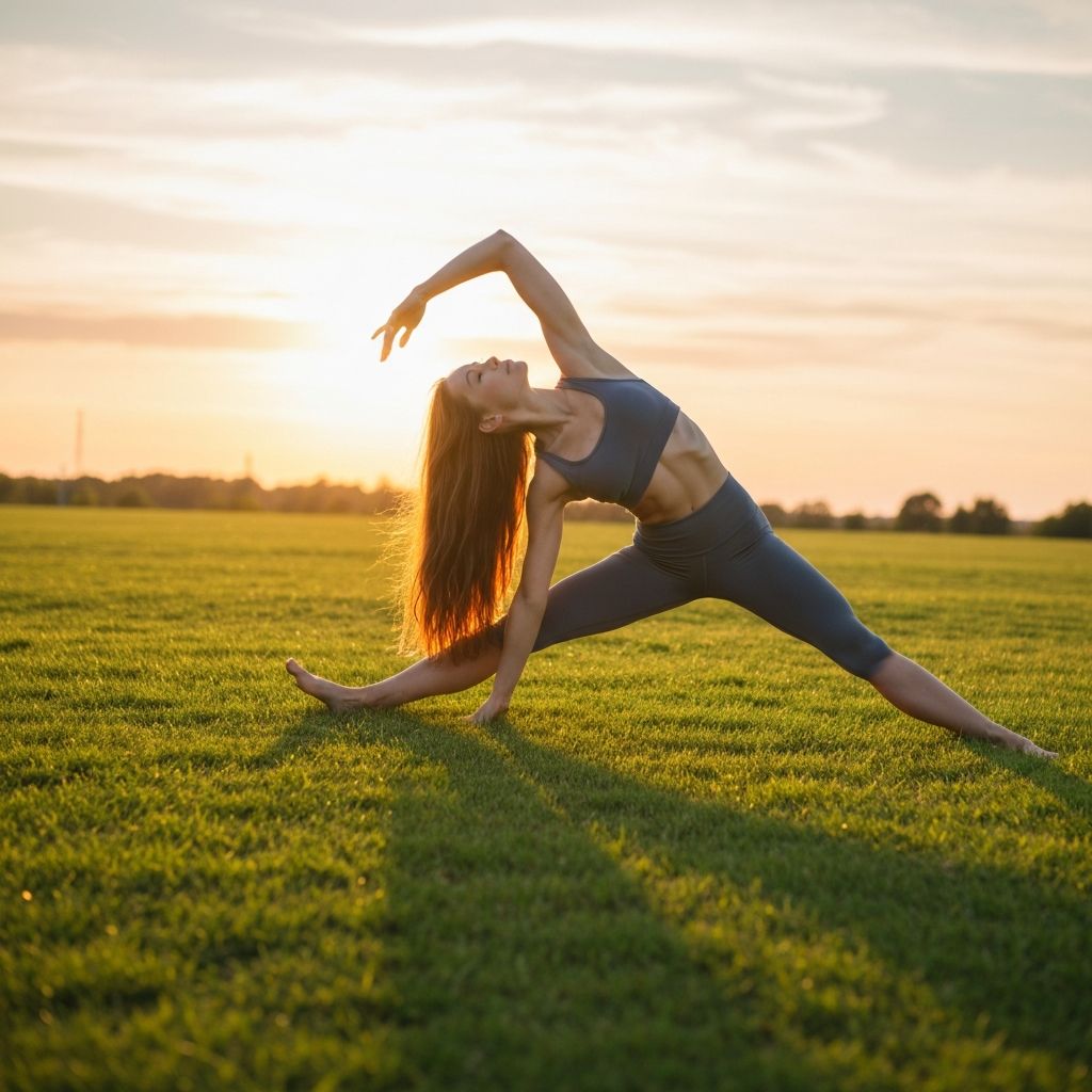 Person doing yoga on grass at sunset
