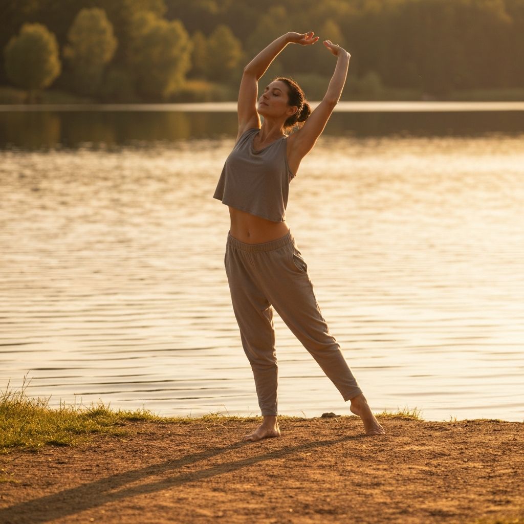 Person stretching by lake during golden hour